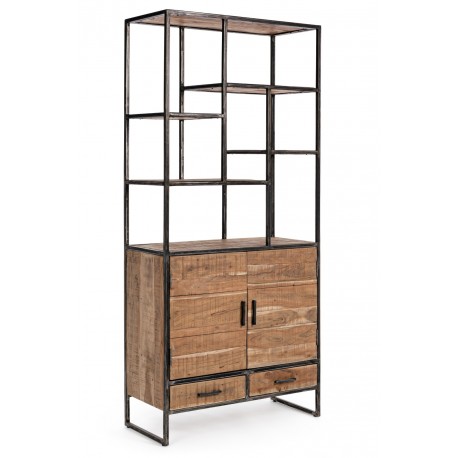 Libreria in legno di acacia e acciaio Elmer by Bizzotto. 2 ante e 2 cassetti.