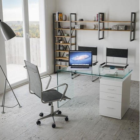 Scrivania con cassettiera B-Desk. Struttura in vetro